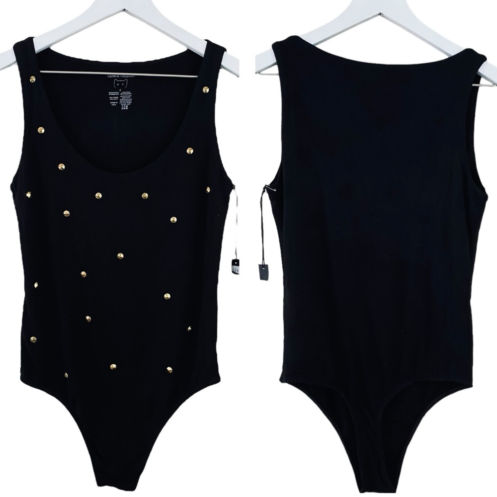 Olympia Theodora NWT Black & Bronze‎ Studded Cheeky Thong Style Body Suit Small